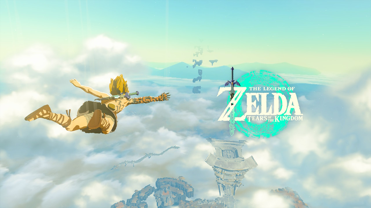 Link falls through the sky. The Legend of Zelda: Tears of the Kingdom logo is shown beside him.
